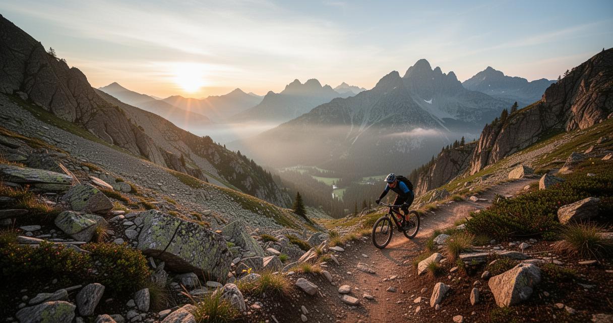 Mountainbiker auf einem felsigen Bergpfad im Abendlicht