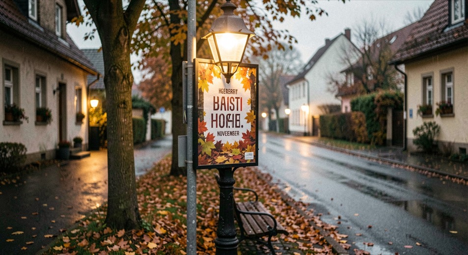 Ein Holztisch am Fenster mit mehreren alten Ansichtskarten, eine Lupe daneben, weiches Nachmittagslicht von links