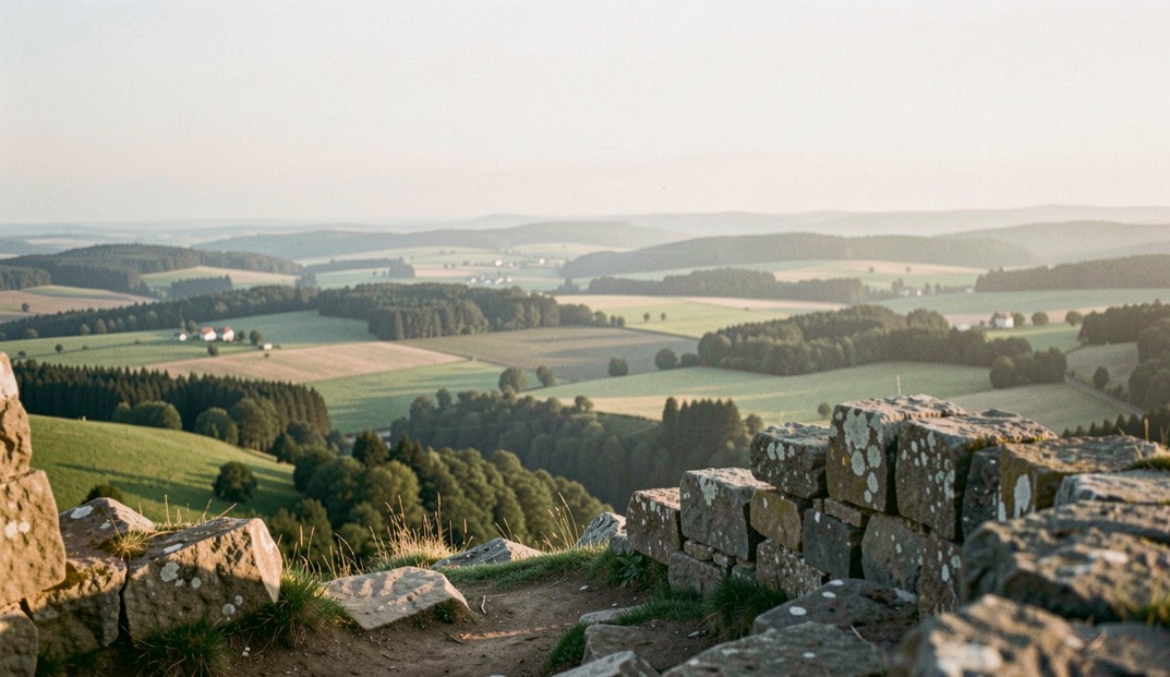 Blick vom Hochrhön-Aussichtspunkt über Heidelandschaft und Steinriegel bis zum Horizont im Morgenlicht
