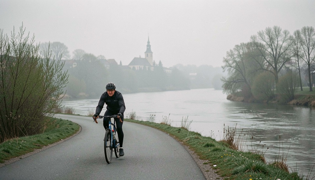 Radfahrer auf dem Fulda-Radweg: Fluss Schleife, Weidenbüsche und entfernte Kirchturmsilhouette im Dunst