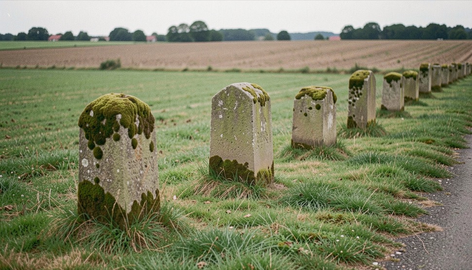 Alte Grenzstein-Serie am Feldrain: Moos bewachsene Sandsteinpfeiler zwischen Wiese und Ackerland