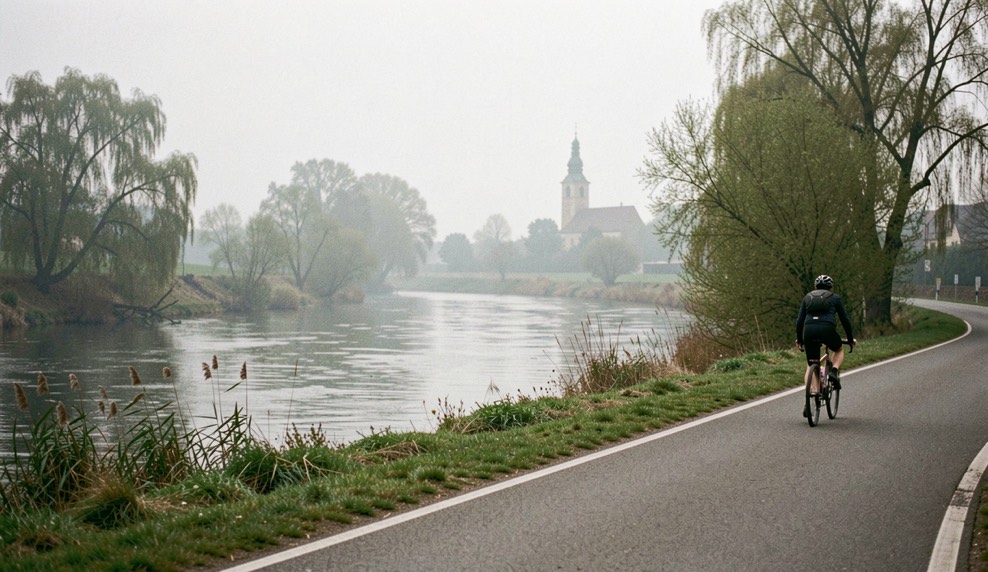 Ein grauer Kombi steht am frühen Morgen auf einem geschotterten Hof neben einer Hecke, die Fahrertür ist geöffnet, im Hintergrund verläuft eine schmale Landstraße im weichen Seitenlicht.