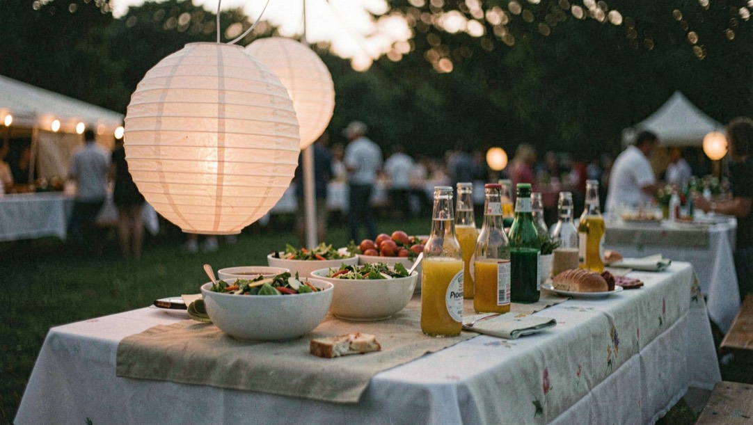 Gedeckte Gartentafel beim Sommerfest: Papierlaternen, Salatschüsseln und Limonadenflaschen in der Dämmerung