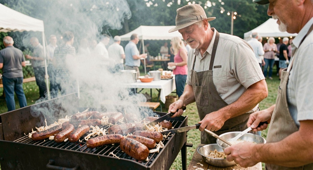 Grillmeister am Smoker: Holzspäne, Rauchschwaden und Dauerwurst auf dem Rost eines Gartenfests