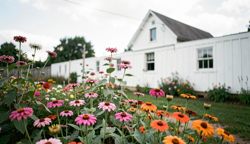 Bauerngarten mit Zinninia und Dahlien vor weißgetünchter Scheunwand unter einem hellen Himmel
