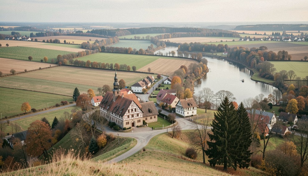 Panorama über Eichenzell von der Anhöhe: Fachwerk, Felder und Flussschleife im weichen Licht des Herbsttags