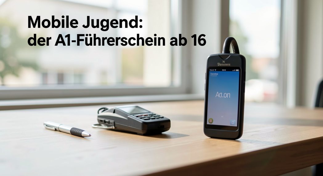 Ein grauer Kombi auf einem Werkstattplatz im Morgenlicht, geöffnete Motorhaube, daneben ein Laptop auf einem Rollwagen, im Hintergrund eine Werkstattwand mit Werkzeug.