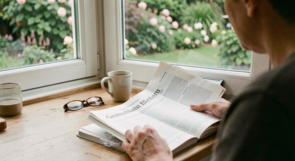 Amtsblatt-Leser am Küchentisch: Brille, Tasse und aufgeschlagenes Gemeindeblatt am Fenster mit Blick in den Garten