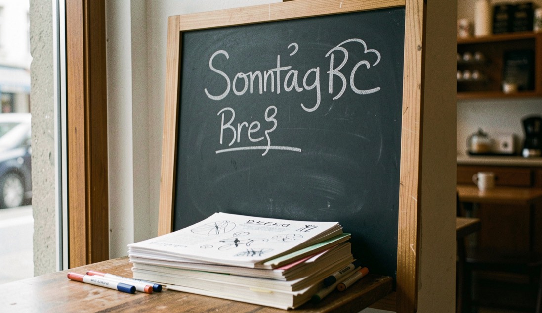 Kreidetafel im Café mit Sonntagfrage, darunter ein stapelweise abgestelltes Zeichenblock-Papier und Stifte