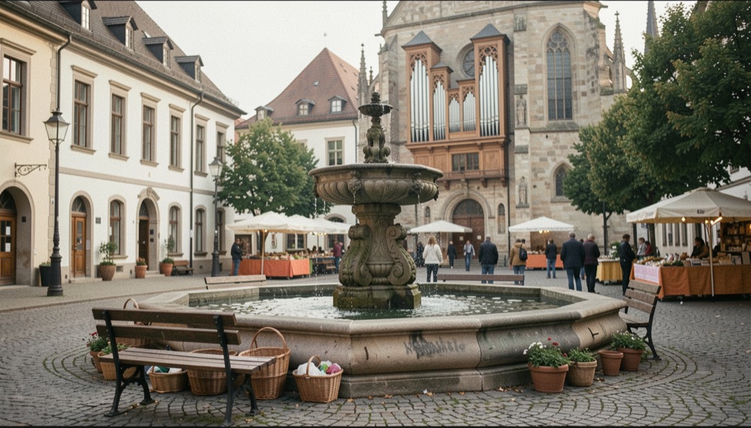 Marktbrunnen am Sonntagmorgen: Leege Körbe, leere Bank und Kirchenorgel schallt über den Platz