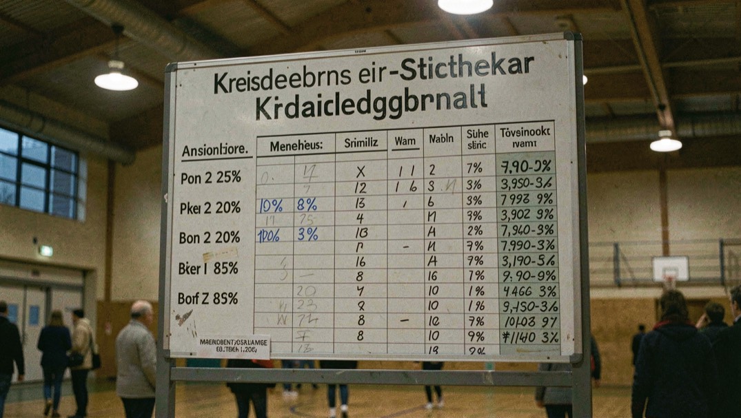Kreidegebnis-Tafel am Abend: Prozentzahlen und Strichlisten unter Turnhallenlicht nach der Stichwahl