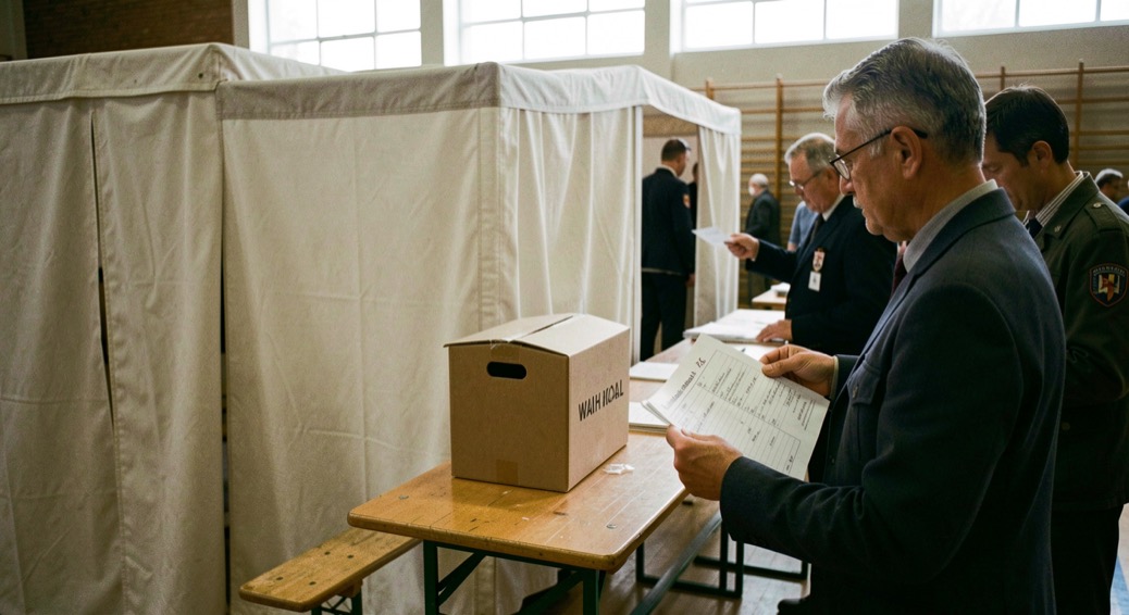 Wahllokal in der Turnhalle: Stimmkabinen aus Stoff, Wahlurne und Helfer mit Wählerverzeichnis