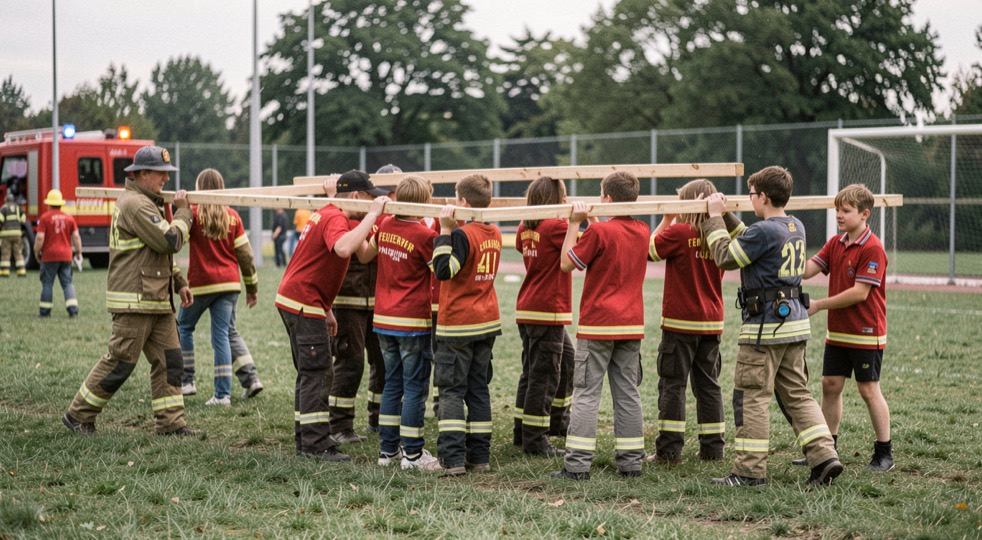 Jugendfeuerwehr beim Zeltaufbau: Jugendliche tragen Holzlatten über eine Wiese hinter dem Sportplatz