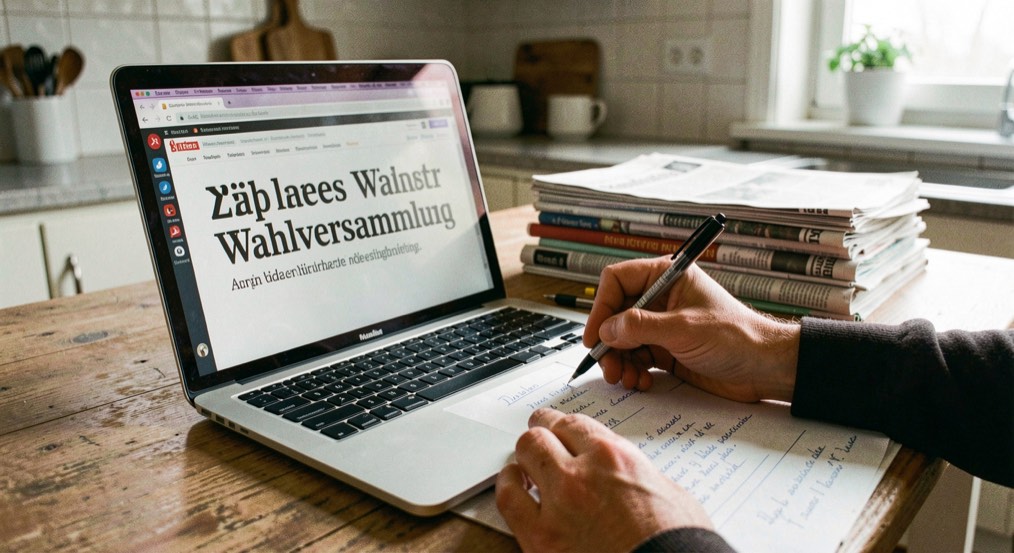 Laptop auf Küchentisch mit Zeitungsstapel: Hand schreibt Notizen zur Wahlversammlung im Wahlwinter