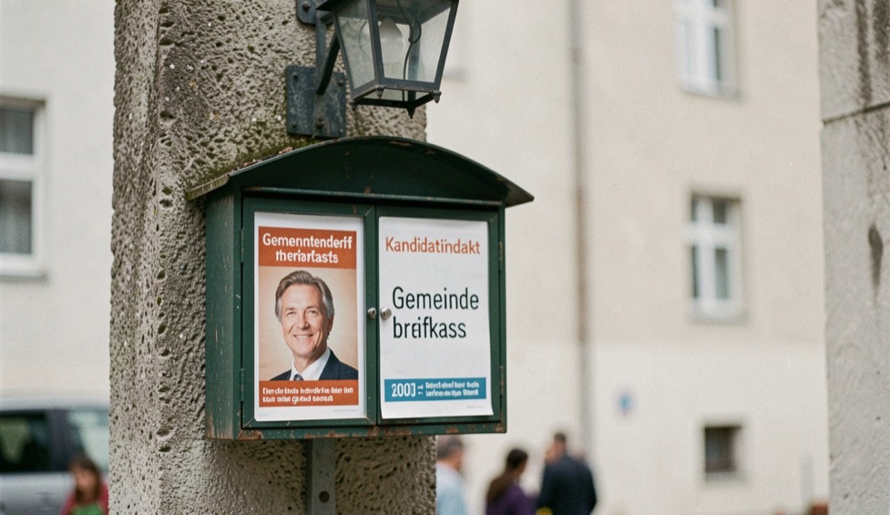 Kandidatendidakt am Gemeindebriefkasten: Plakate mit Porträt und Slogan unter einer Laternenaufnahme