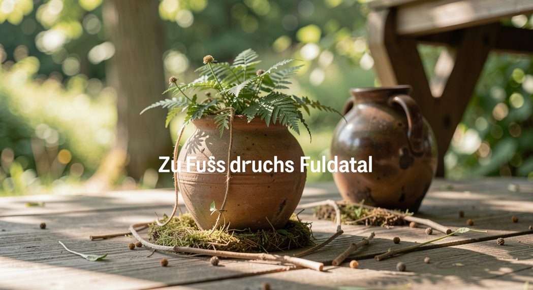 Spaziergängerin auf einem Feldweg zwischen Wiesen und Ackerrand, im Hintergrund der Kirchturm von Eichenzell im Morgenlicht