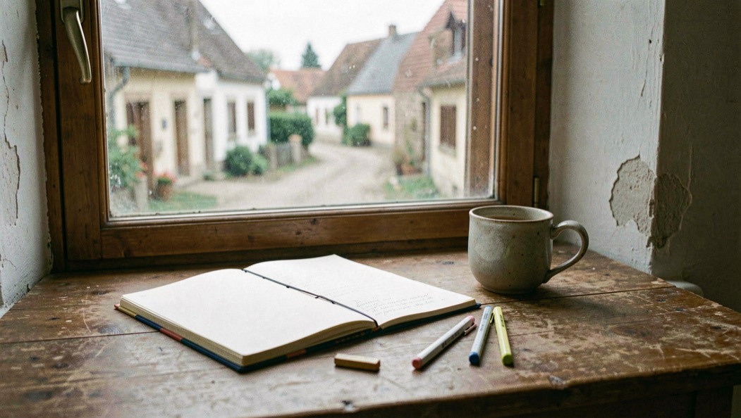 Schreibtisch einer Dorfkorrespondenz: Notizbuch, Bleistifte und Kaffeetasse am Fenster mit Blick auf die Dorfstraße