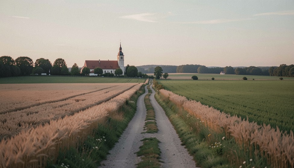 125er-Maschine auf einem Wirtschaftsweg zwischen den Wiesen des Fuldals, Fahrerin im Schutzanzug im Abendlicht