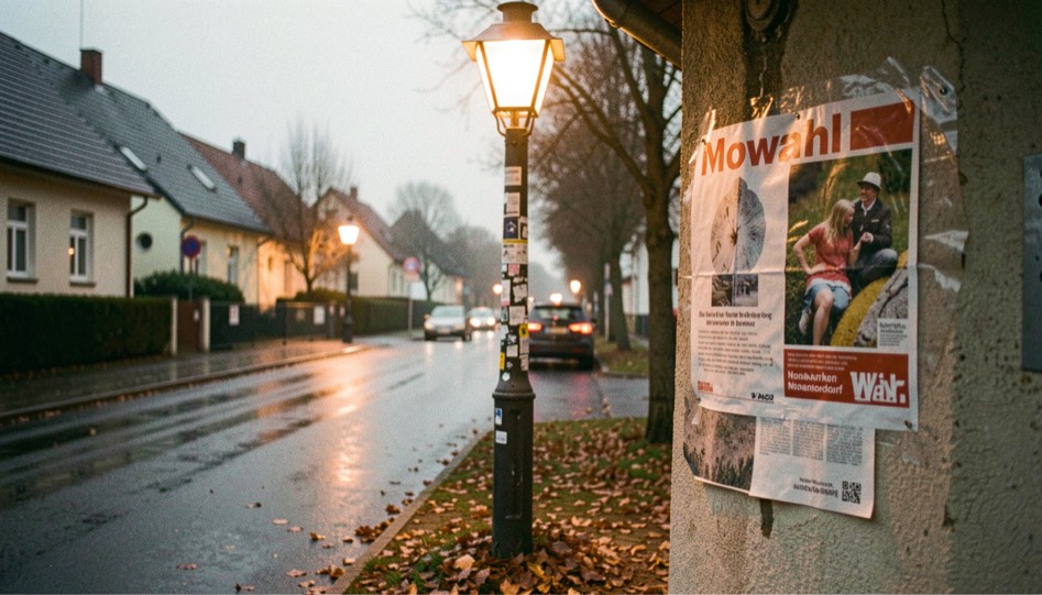 Wahlplakate am Laternenpfahl im Novemberdorf: nasse Straße, Blätterrest und warmes Laternenlicht