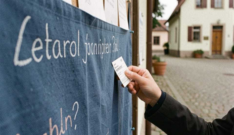 Blaues Wahlkabinden-Tuch am Dorfplatz: Hand klemmt einen Stimmzettel an eine Pinnwand mit Kreidefrage