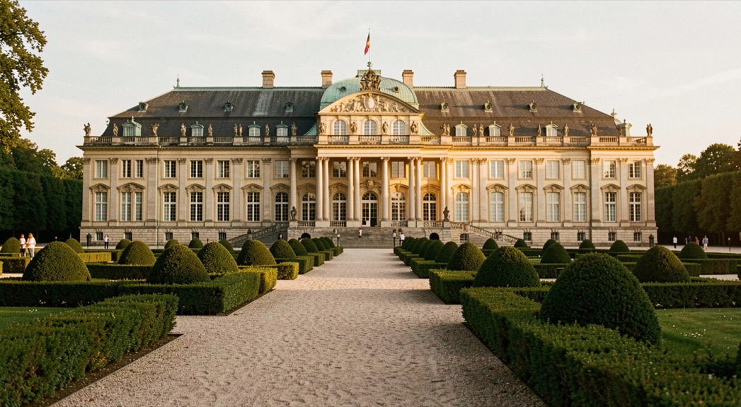 Barockschloss im Park: Kiesweg, Buchsbaumrabatten und Fassade im goldenen Licht des Spätnachmittags