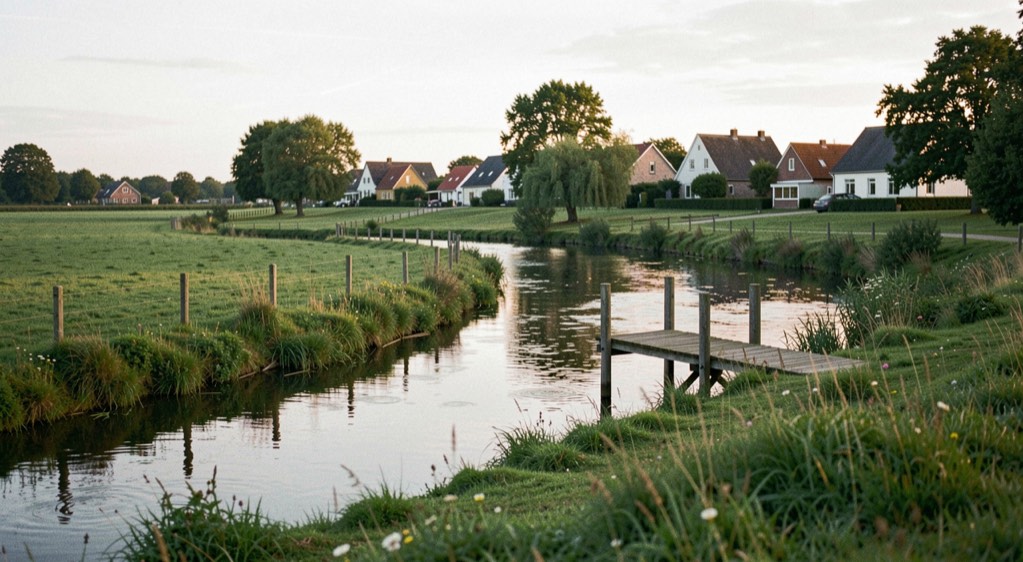 Flussschleife im Abendlicht: Wiesen, Weiden und ein kleiner Steg am Rande des Dorfes
