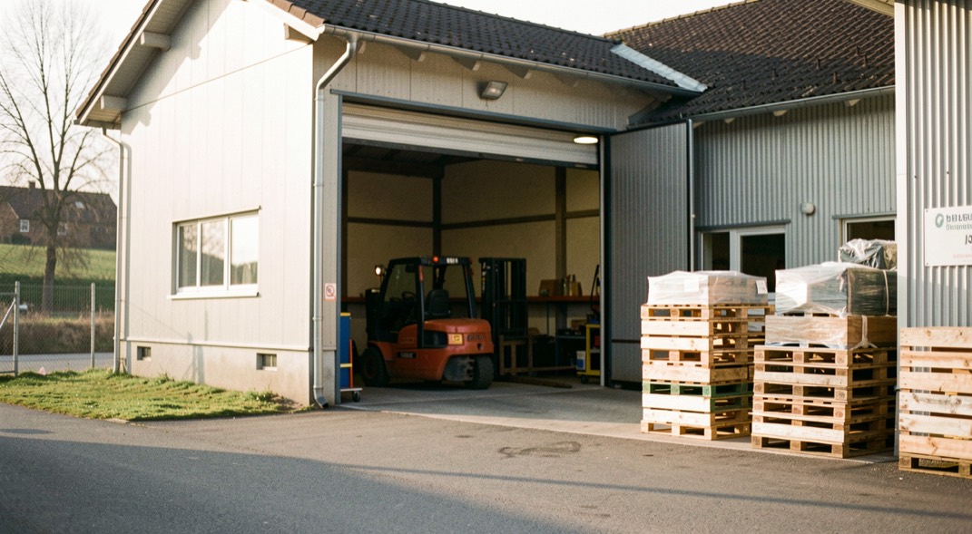 Gewerbebetrieb am Ortseingang mit Laderampe: Paletten, Gabelstappler und offenes Rolltor im Morgenlicht