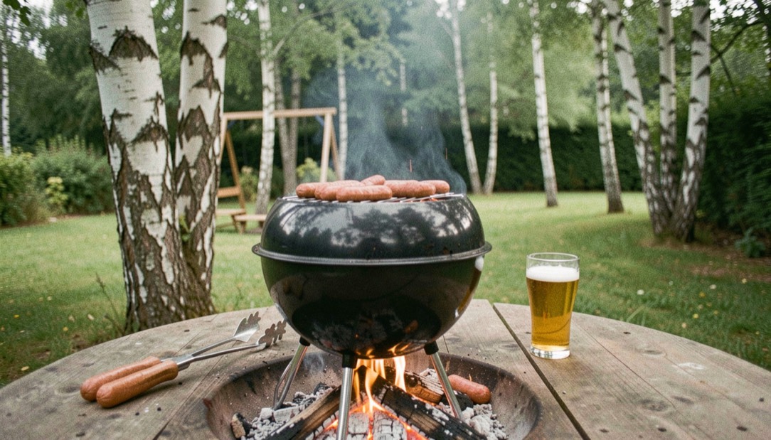 Kugelgrill mit Glut im Garten: Grillzange, Würstchen und Bierglas auf einem Holztisch unter Birken