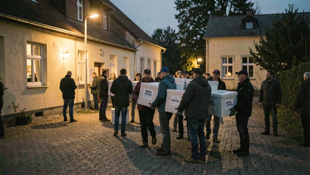Wahllokal am Abend: Helfer tragen Stimmboxen über den Hof einer Dorfschule unter Laternenlicht