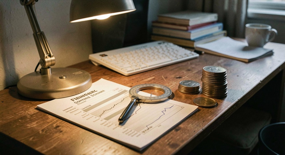 Schreibtisch mit Finanzseite, Zirkel und Münzstapel im Licht einer Schreibtischlampe am Abend