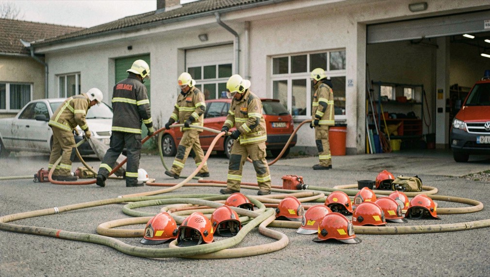Feuerwehrleute räumen nach dem Übungsdienst Schläuche und Helme auf einem Hof vor dem Gerätehaus
