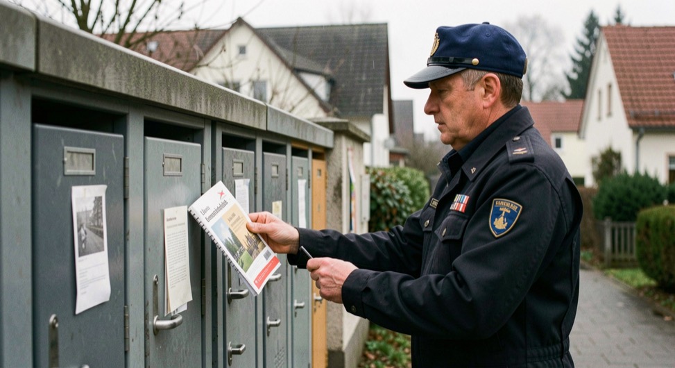 Postbote im Morgengrauen steckt Gemeindeblatt in Briefkästen einer Reihenhaussiedlung am Dorfrand