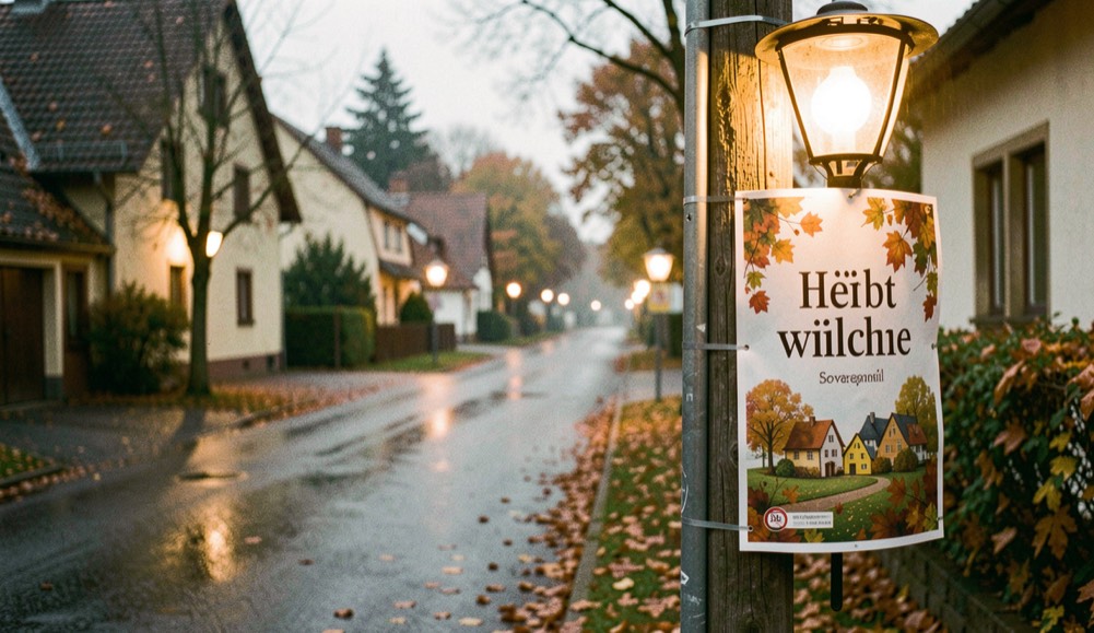 Herbstliches Wahlplakat an einer Laterne im Dorf: Nasse Straße, Blätter und Laternenlicht im November