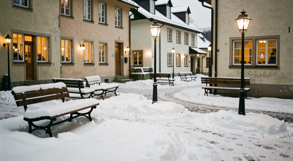Winterlicher Dorfplatz mit Schneeresten: Bänke, Laternen und Fenster mit warmem Licht nach der Wahl