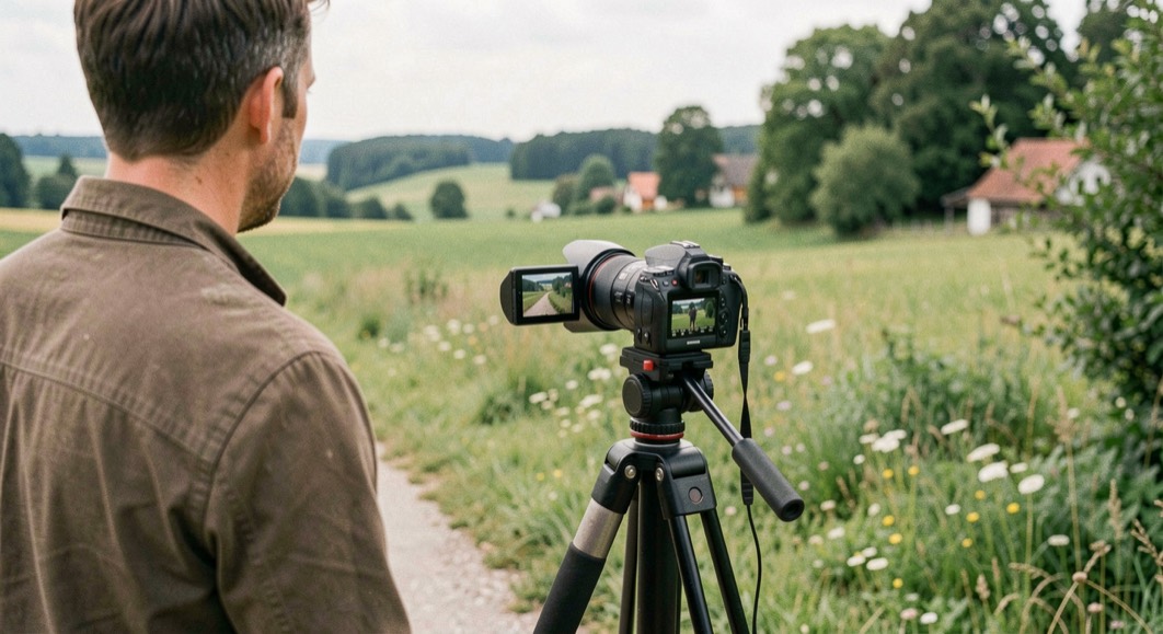 Kamera auf Stativ am Dorfrand: Journalist filmt Landschaftsausschnitt für einen Bericht im Sommergrün