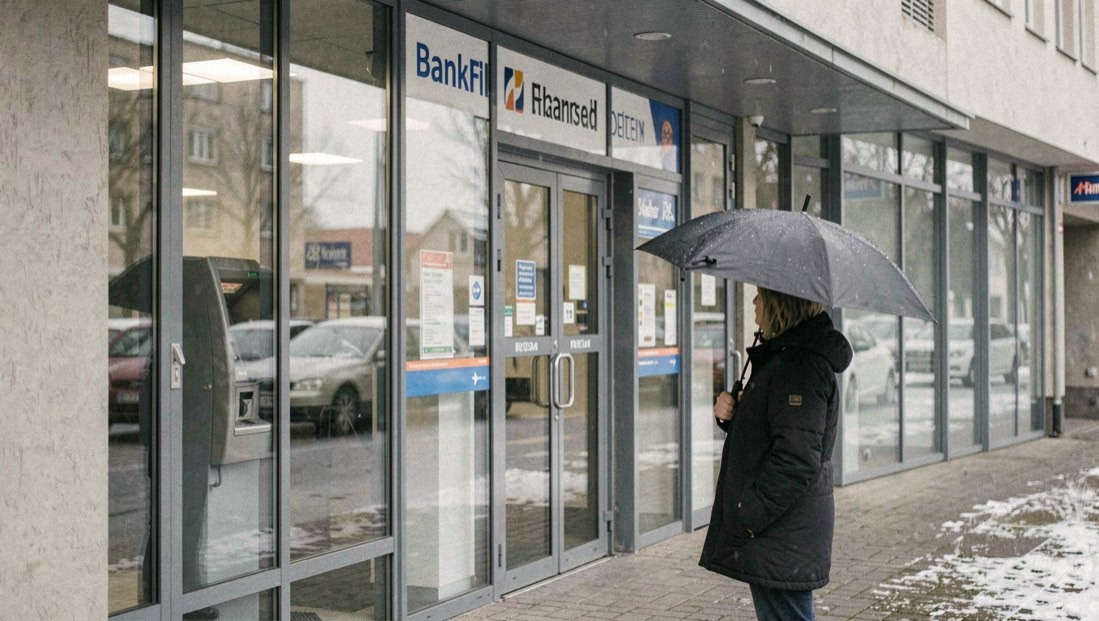 Bankfiliale von außen mit Geldautomat: Passant mit Regenschirm vor Glasfassade im grauen Winterlicht