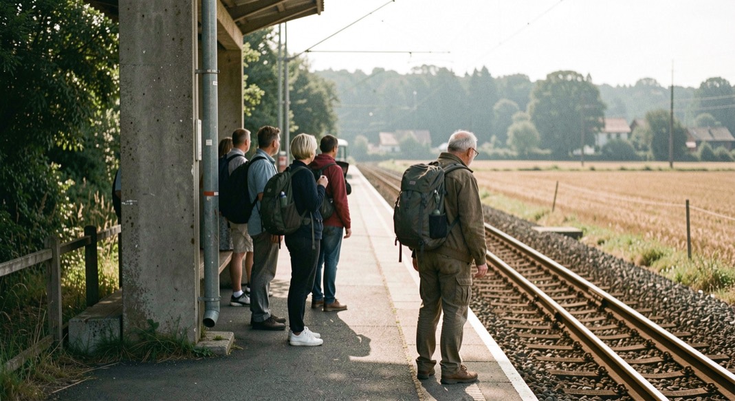 Regionalbahn am kleinen Bahnsteig: Reisige mit Rucksack warten im Streiflicht zwischen Feldern und Bahndamm