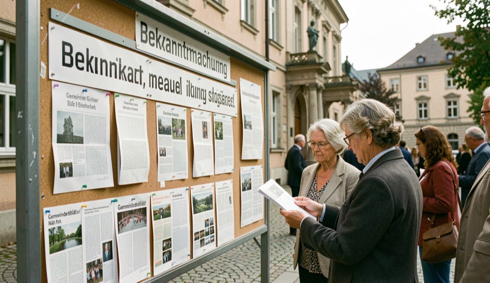 Bekanntmachungsbrett vor dem Rathaus: Einwohner lesen Aushänge und Gemeindeblätter im Vormittagslicht