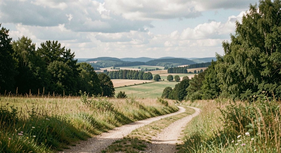 Feldweg am Waldrand mit Fernblick über Wiesen und Hügel der Rhön unter einer sommerlichen Wolkenlinie