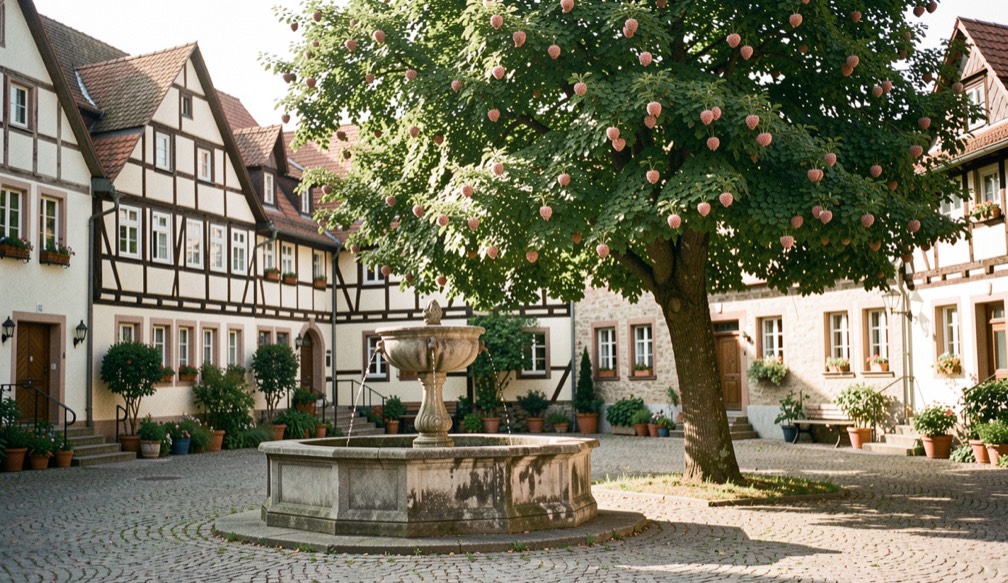 Historischer Dorfplatz mit altem Brunnen, Fachwerkgiebeln und einer dornenreichen Linde im Nachmittagslicht